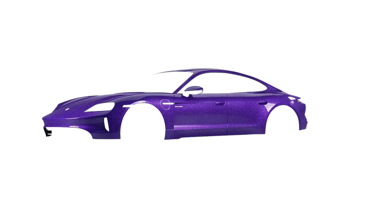 Porsche Taycan 2024 wrapped in Purple (Avery Dennison SW900-587-D), front three-quarter view