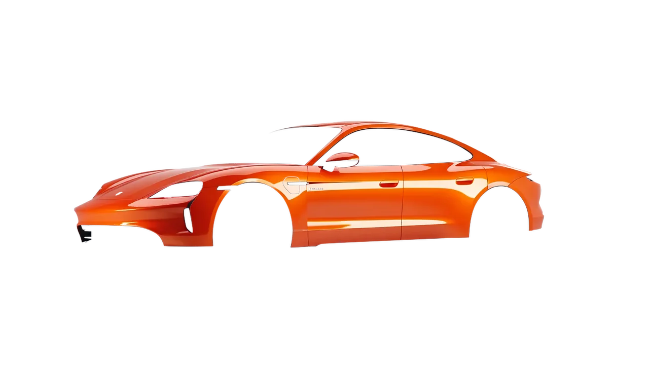 Porsche Taycan 2024 wrapped in Fiery Orange (3M G364), front three-quarter view