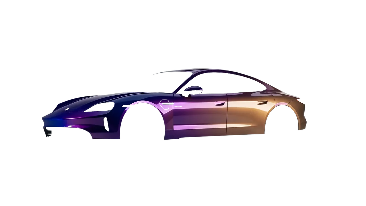Porsche Taycan 2024 wrapped in Gloss Flip Deep Space (3M GP278), front three-quarter view