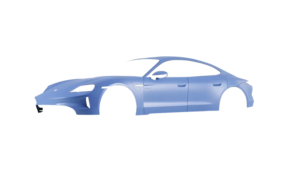 Porsche Taycan 2024 wrapped in Dreamline Blue (Avery Dennison SW900-616-O), front three-quarter view