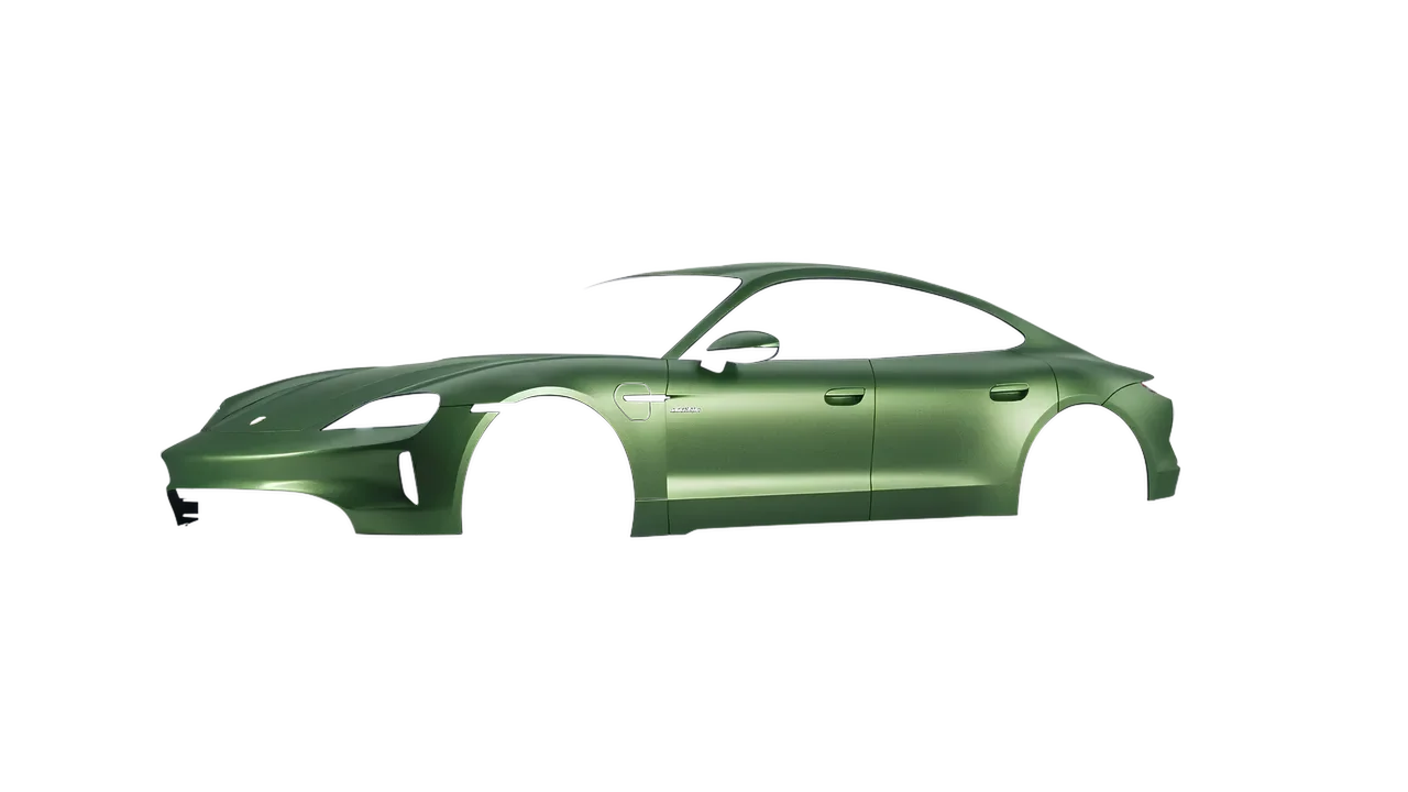 Porsche Taycan 2024 wrapped in Apple Green (Avery Dennison SW900-745-M), front three-quarter view
