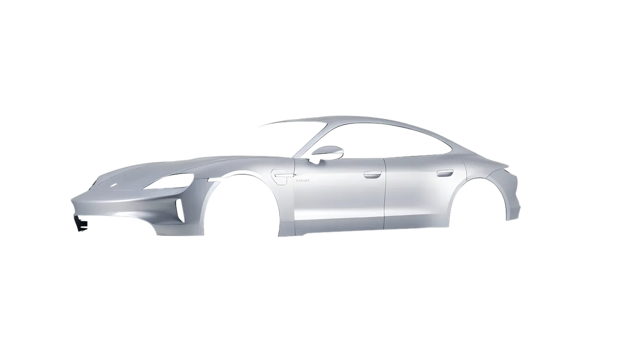 Porsche Taycan 2024 wrapped in Matte Silver (3M M21), front three-quarter view