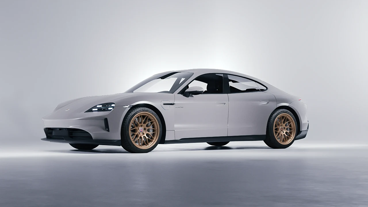 Porsche Taycan 2024 on HRE Performance Wheels 300-GTS forged wheels, front three-quarter view