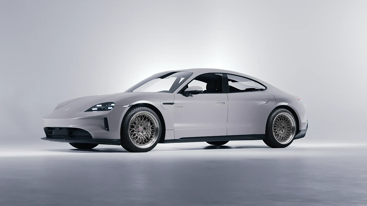 Porsche Taycan 2024 on HRE Performance Wheels 501 forged wheels, front three-quarter view