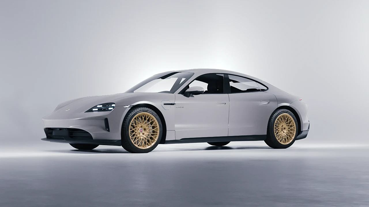 Porsche Taycan 2024 on HRE Performance Wheels 501M forged wheels, front three-quarter view