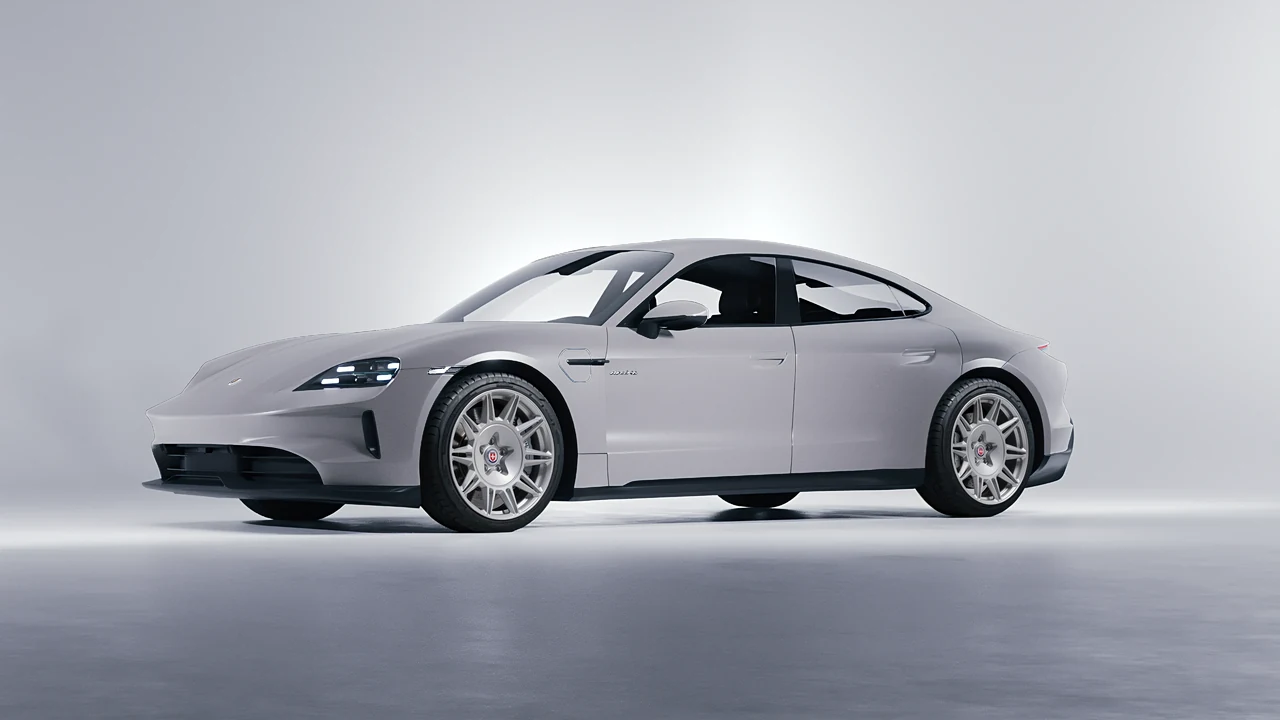 Porsche Taycan 2024 on HRE Performance Wheels 528M forged wheels, front three-quarter view
