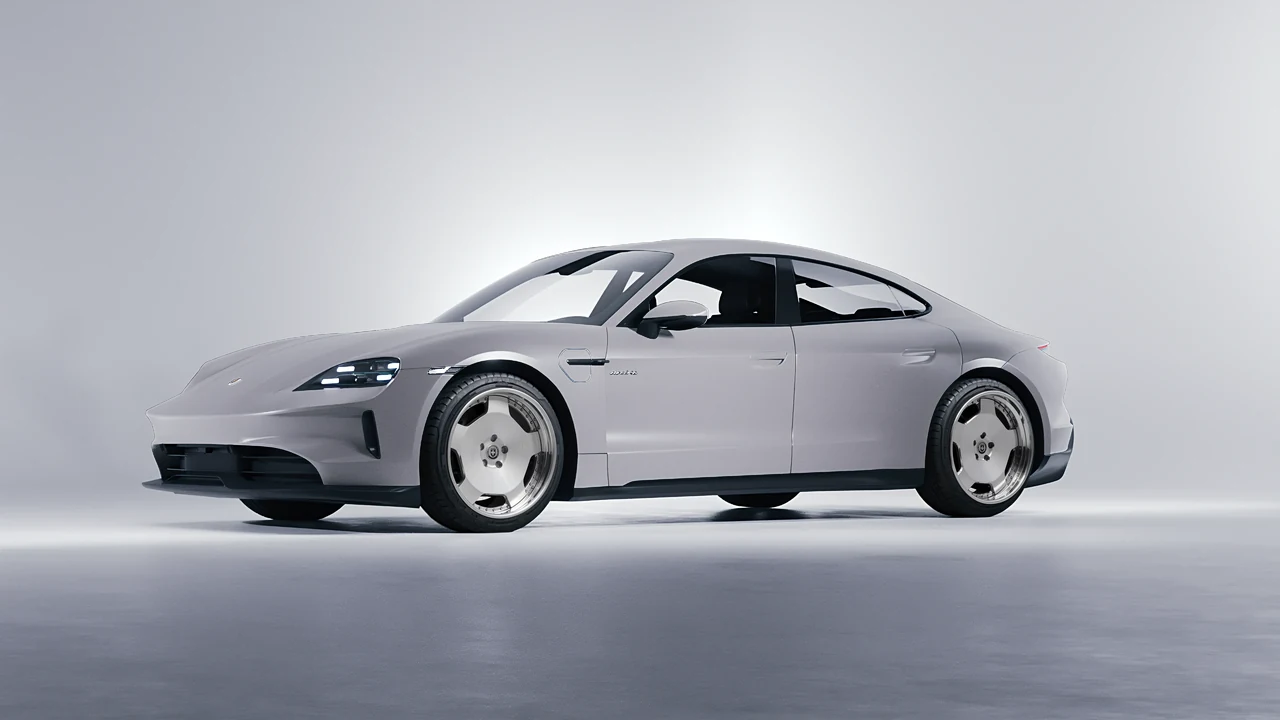 Porsche Taycan 2024 on HRE Performance Wheels 544C forged wheels, front three-quarter view