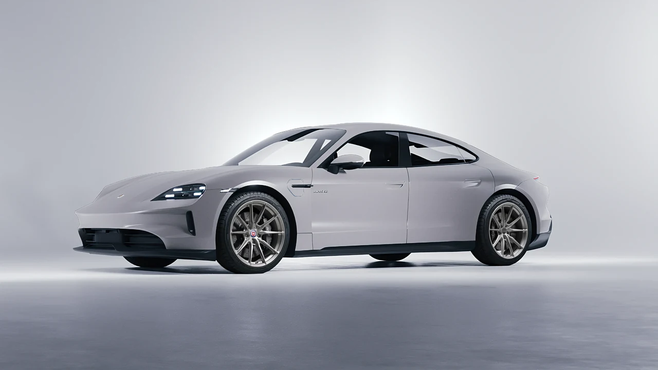 Porsche Taycan 2024 on HRE Performance Wheels P104SC forged wheels, front three-quarter view
