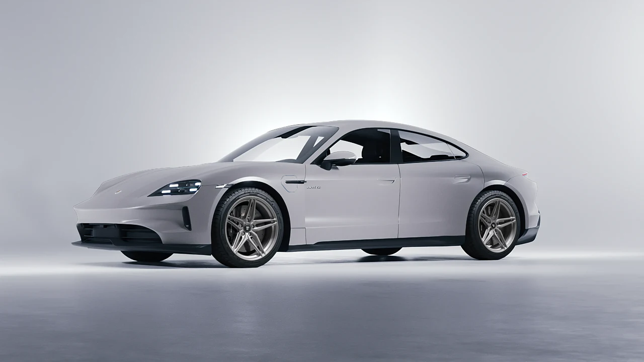 Porsche Taycan 2024 on HRE Performance Wheels P107SC forged wheels, front three-quarter view
