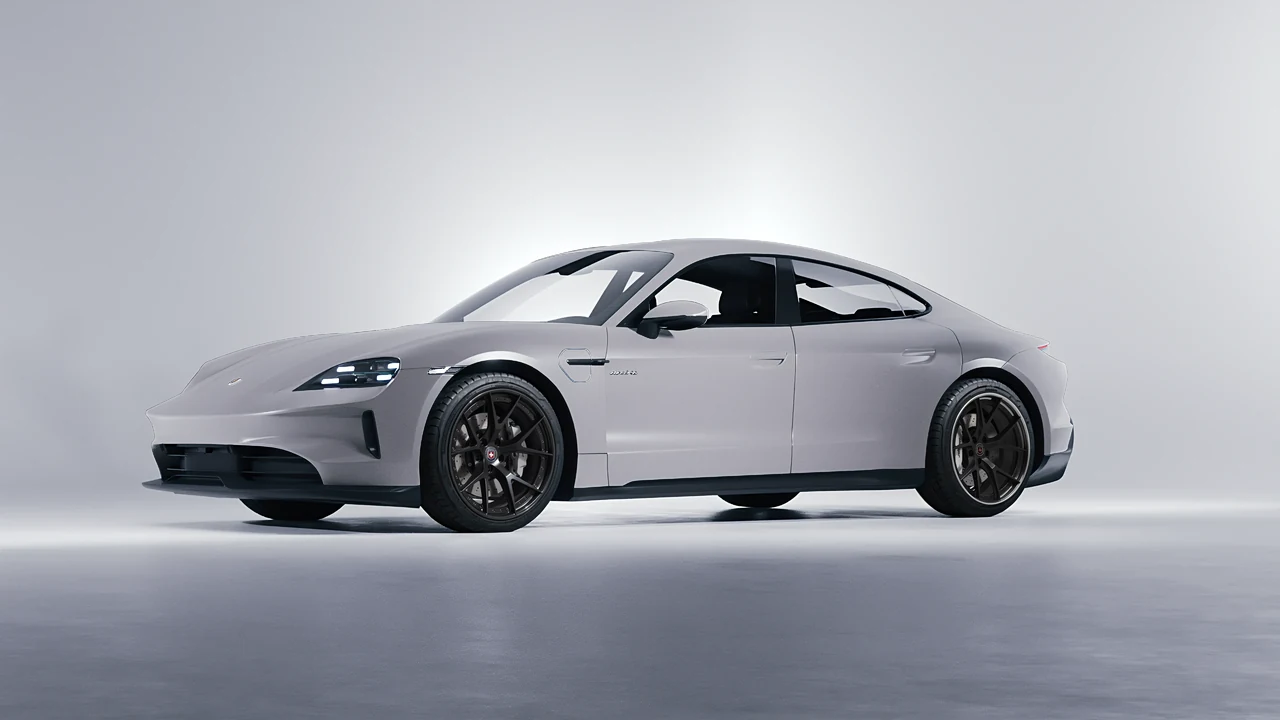 Porsche Taycan 2024 on HRE Performance Wheels S101 forged wheels, front three-quarter view