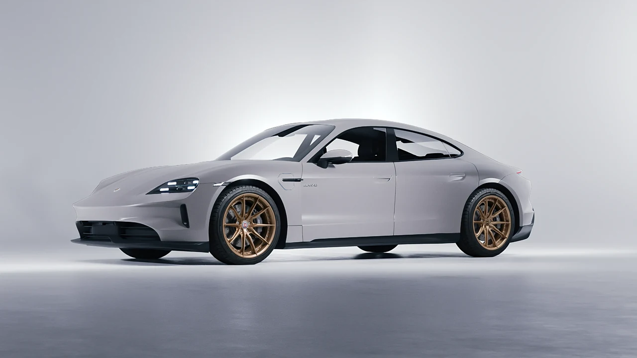 Porsche Taycan 2024 on HRE Performance Wheels S104SC forged wheels, front three-quarter view