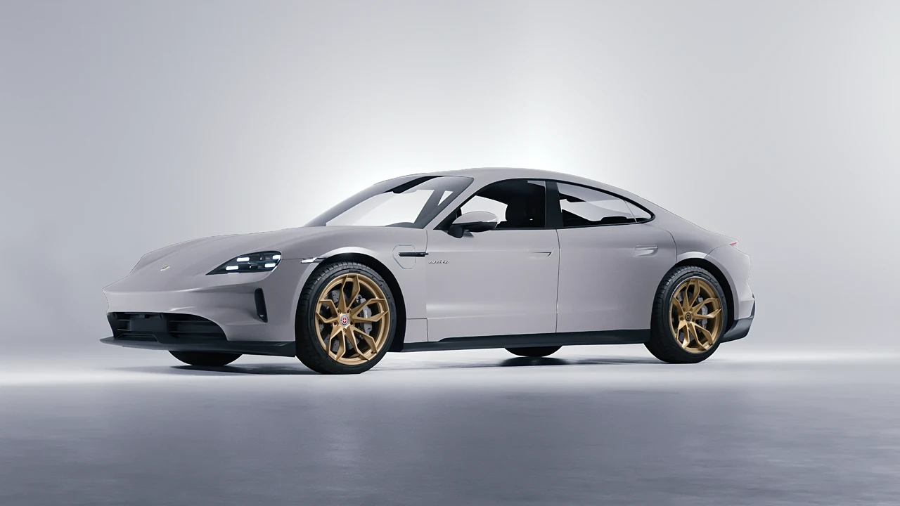 Porsche Taycan 2024 on HRE Performance Wheels S201H forged wheels, front three-quarter view