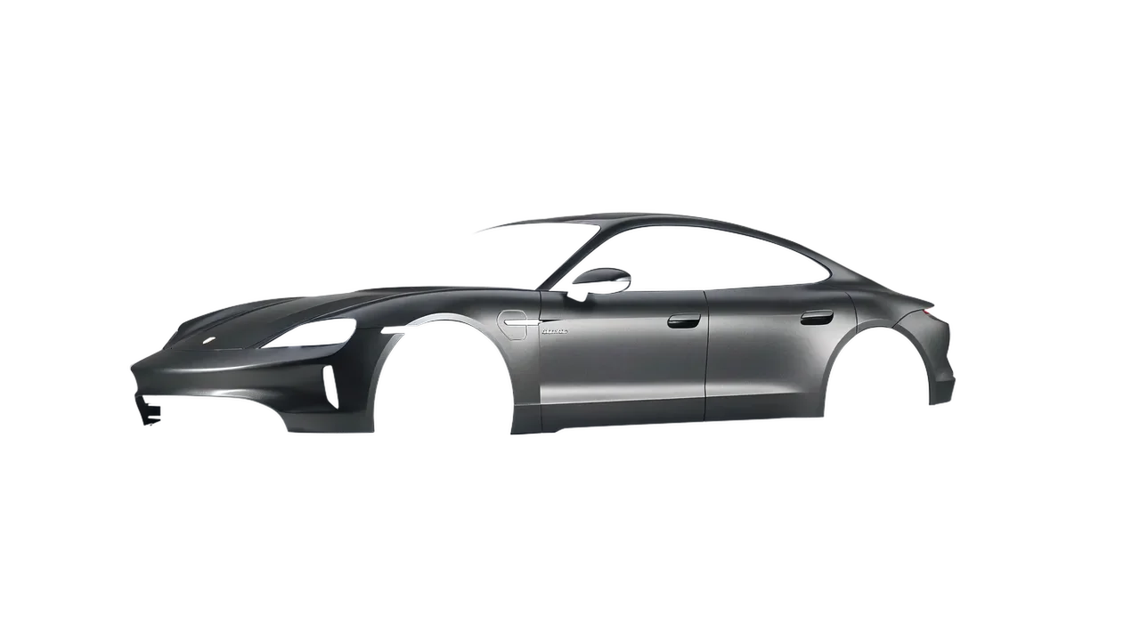 Porsche Taycan 2024 wrapped in Black Rock Grey (Avery Dennison SW900-823-M), front three-quarter view