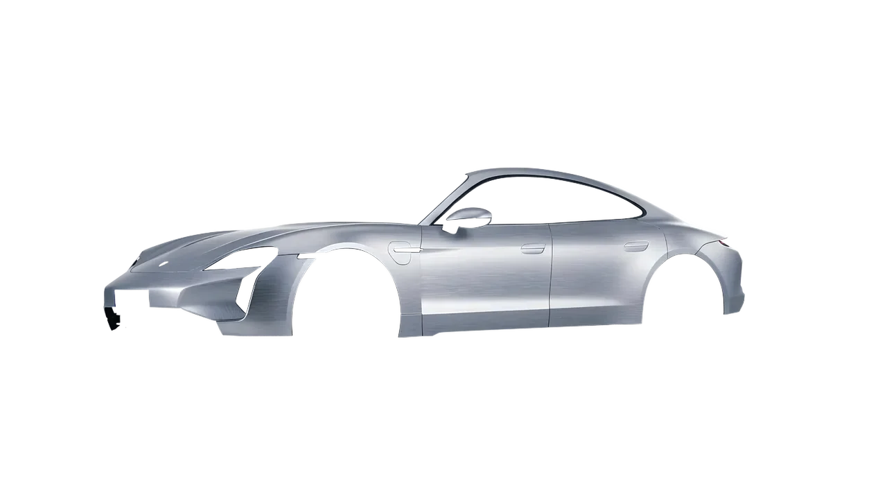 Porsche Taycan Turbo S 2024 wrapped in Brushed Aluminum (Avery Dennison SW900-812-X), front three-quarter view