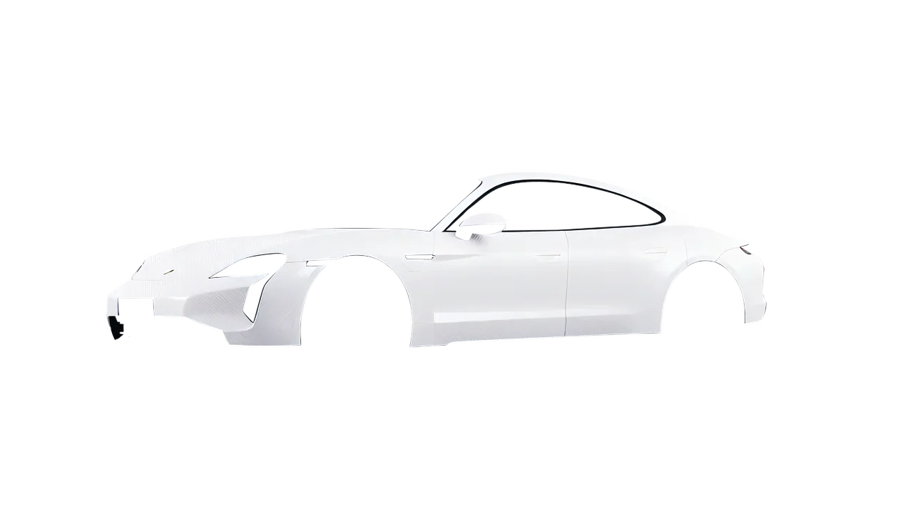 Porsche Taycan Turbo S 2024 wrapped in Carbon Fiber White (Avery Dennison SW900-115-X), front three-quarter view