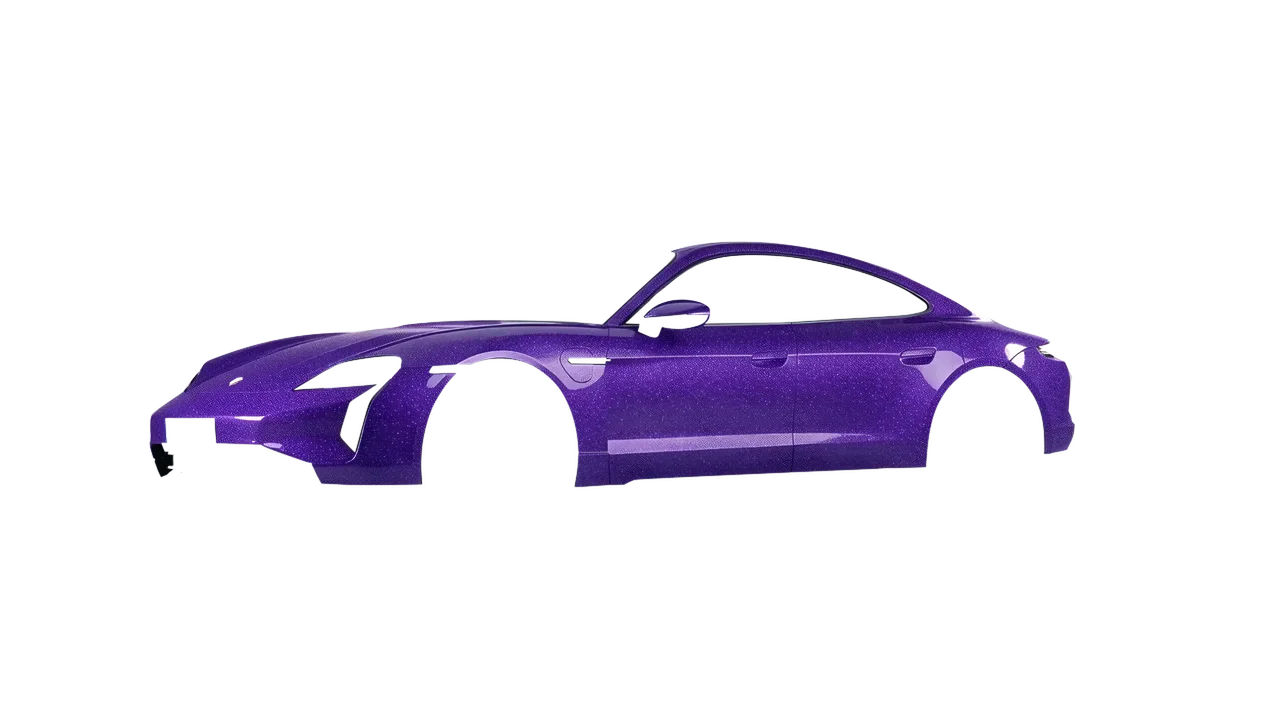 Porsche Taycan Turbo S 2024 wrapped in Purple (Avery Dennison SW900-587-D), front three-quarter view