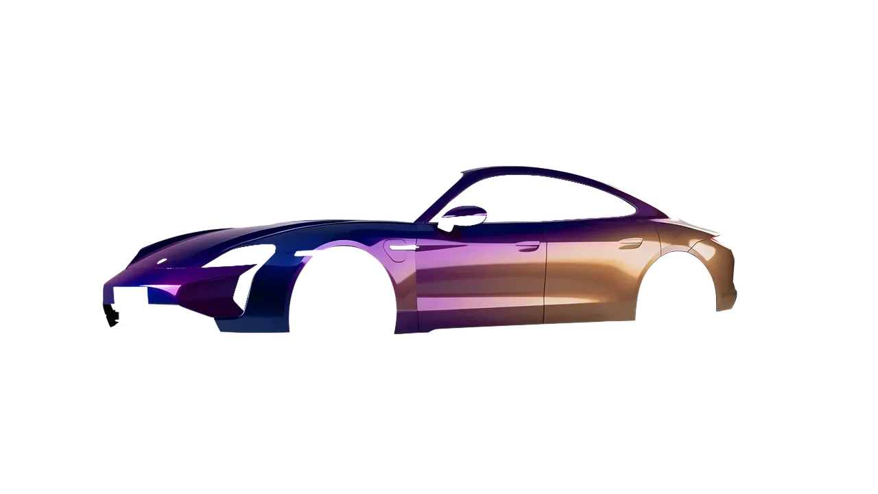 Porsche Taycan Turbo S 2024 wrapped in Gloss Flip Deep Space (3M GP278), front three-quarter view
