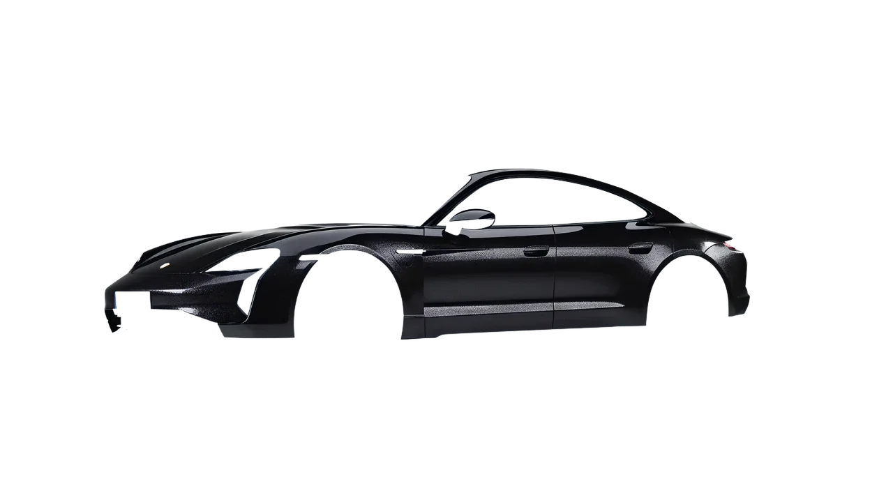 Porsche Taycan Turbo S 2024 wrapped in Mystery Black (Avery Dennison SW900-184-M), front three-quarter view