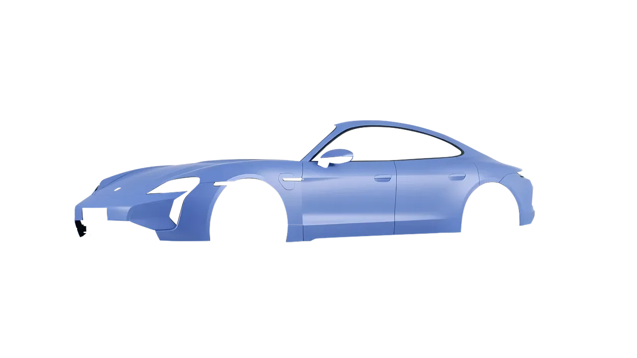Porsche Taycan Turbo S 2024 wrapped in Dreamline Blue (Avery Dennison SW900-616-O), front three-quarter view
