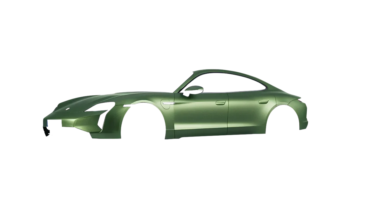 Porsche Taycan Turbo S 2024 wrapped in Apple Green (Avery Dennison SW900-745-M), front three-quarter view