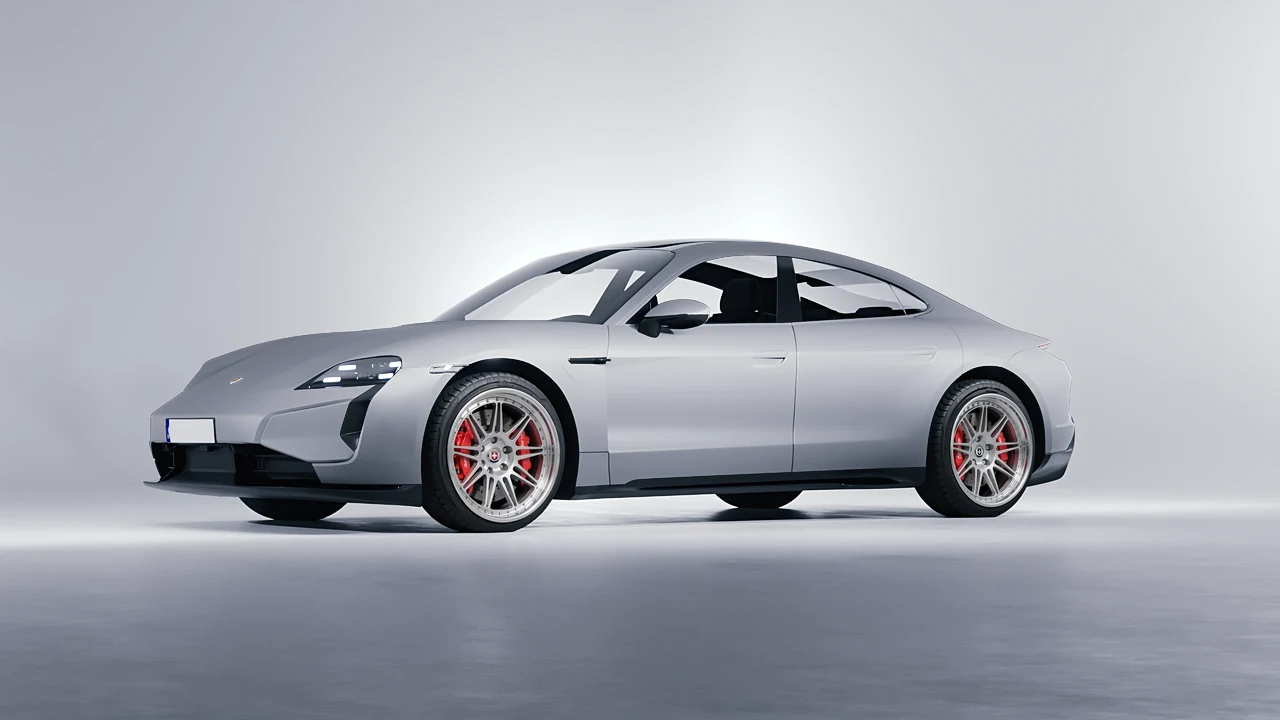 Porsche Taycan Turbo S 2024 on HRE Performance Wheels 301 forged wheels, front three-quarter view