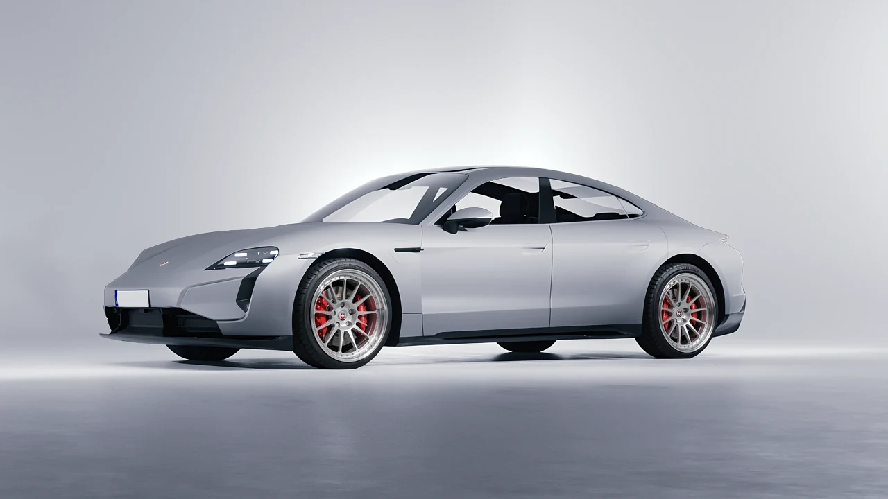 Porsche Taycan Turbo S 2024 on HRE Performance Wheels 303 forged wheels, front three-quarter view