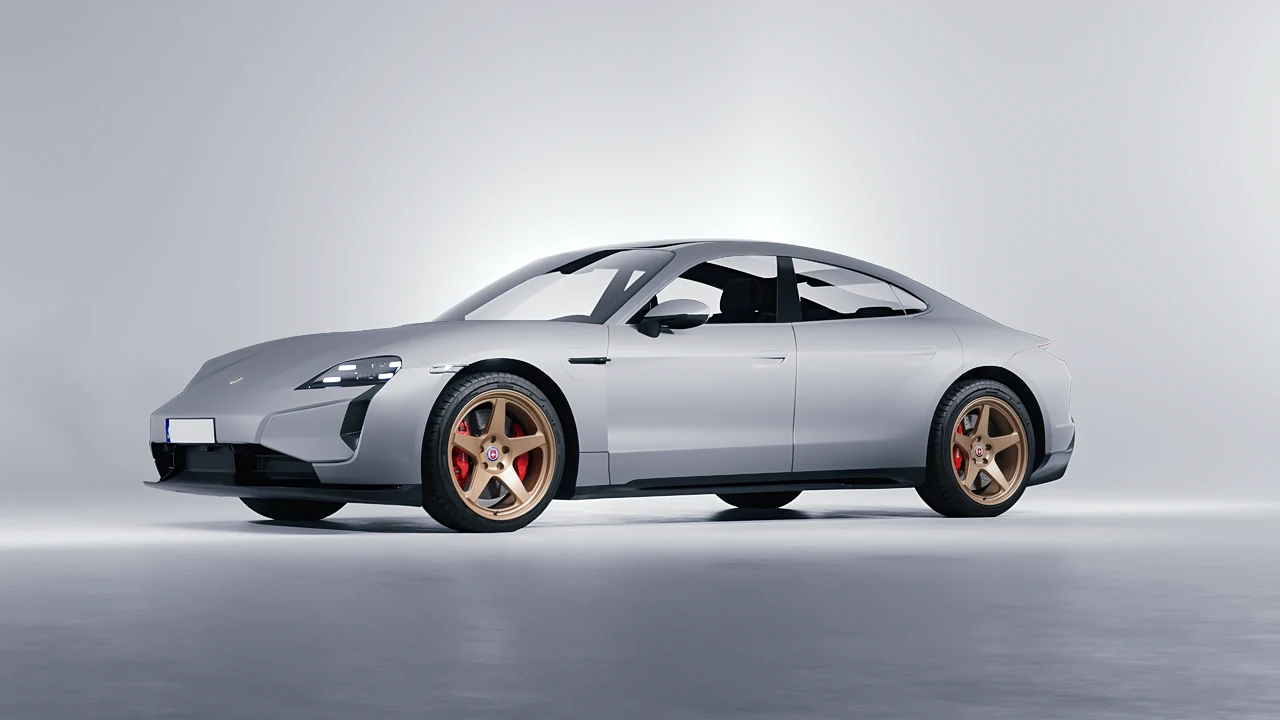 Porsche Taycan Turbo S 2024 on HRE Performance Wheels 305-GTS forged wheels, front three-quarter view
