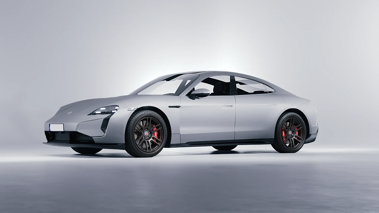 Porsche Taycan Turbo S 2024 on HRE Performance Wheels 312-GT forged wheels, front three-quarter view