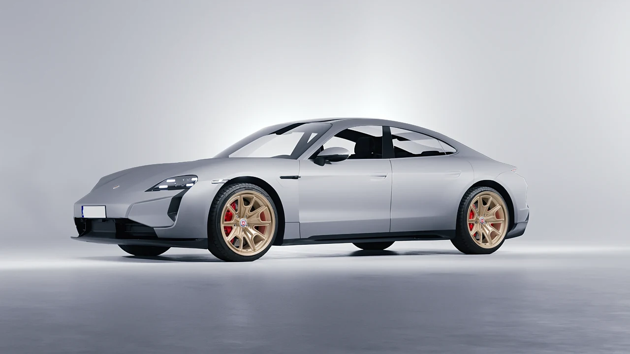 Porsche Taycan Turbo S 2024 on HRE Performance Wheels 427M forged wheels, front three-quarter view