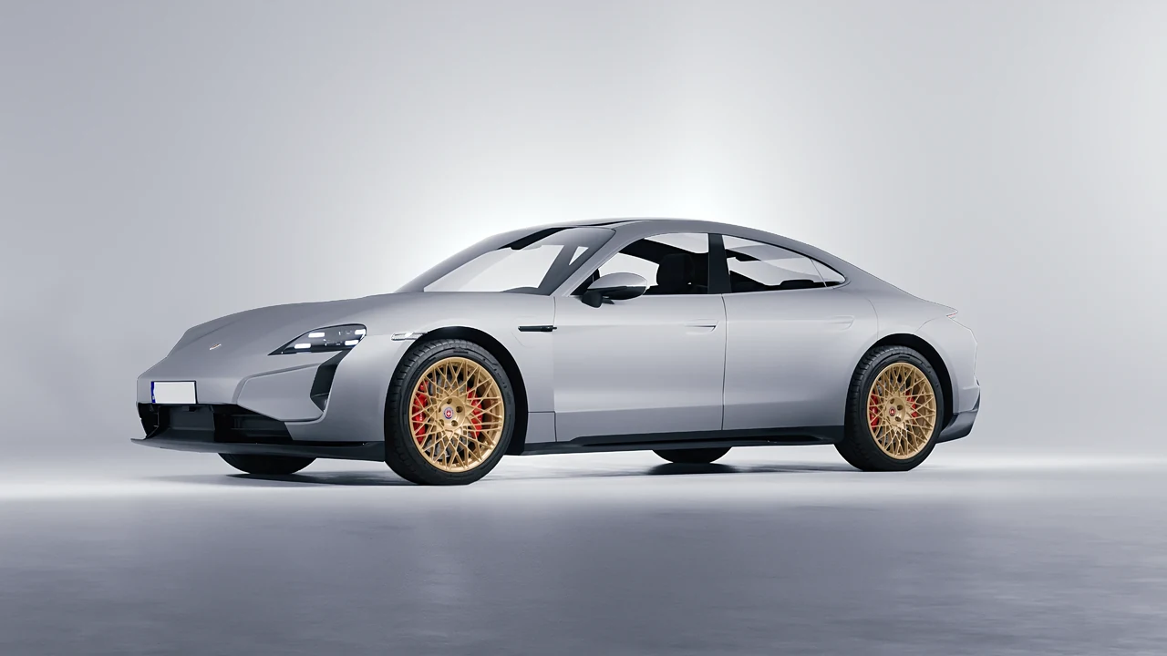 Porsche Taycan Turbo S 2024 on HRE Performance Wheels 501M forged wheels, front three-quarter view