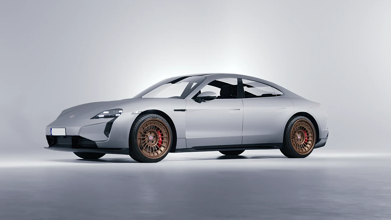 Porsche Taycan Turbo S 2024 on HRE Performance Wheels 515-GTM forged wheels, front three-quarter view