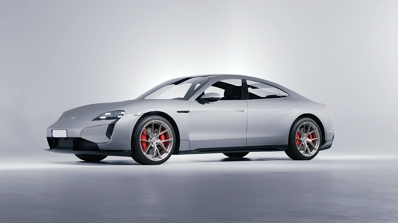 Porsche Taycan Turbo S 2024 on HRE Performance Wheels P101 forged wheels, front three-quarter view