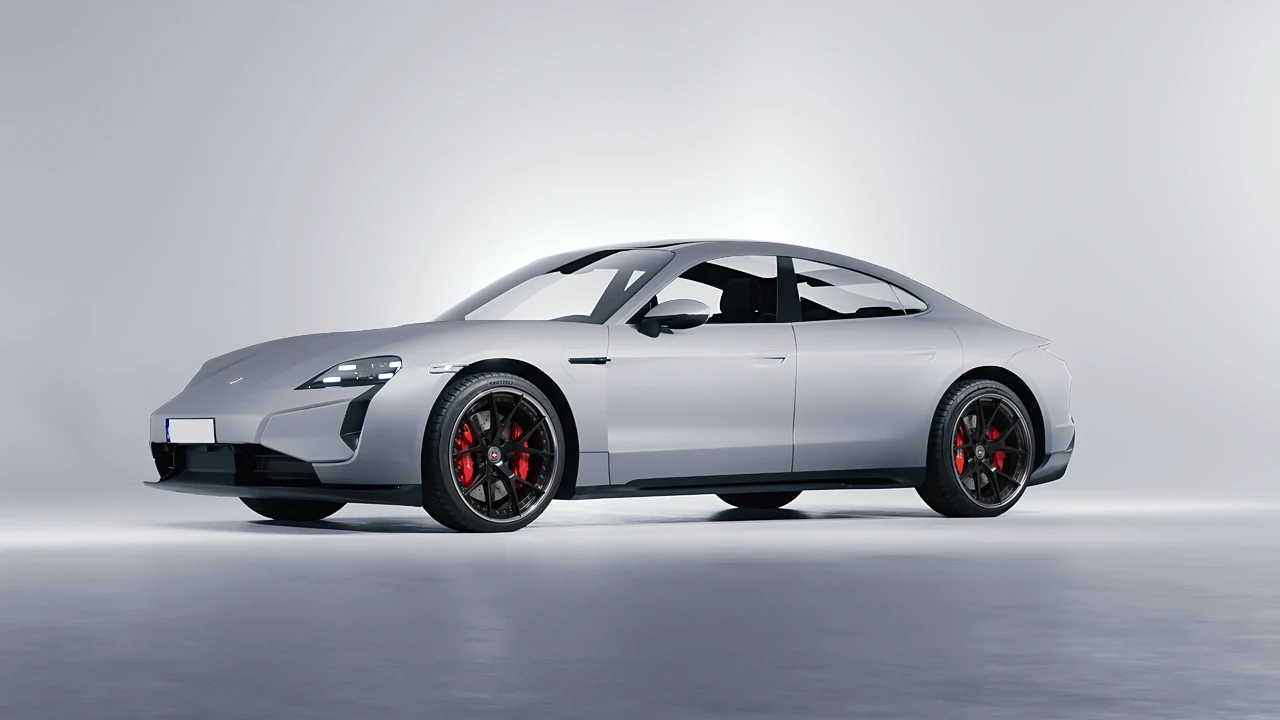 Porsche Taycan Turbo S 2024 on HRE Performance Wheels S101 forged wheels, front three-quarter view