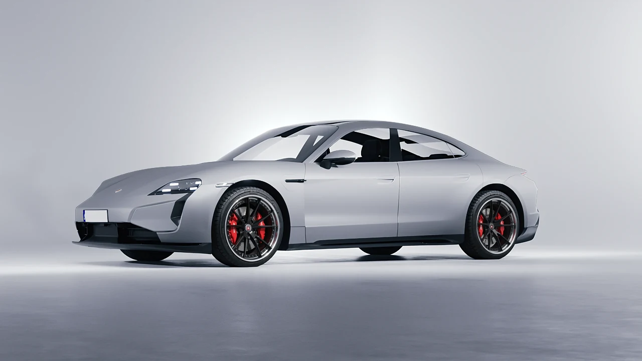 Porsche Taycan Turbo S 2024 on HRE Performance Wheels S104 forged wheels, front three-quarter view