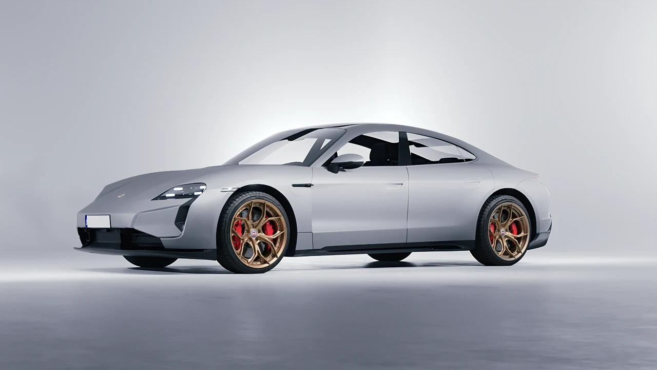 Porsche Taycan Turbo S 2024 on HRE Performance Wheels S111SC forged wheels, front three-quarter view
