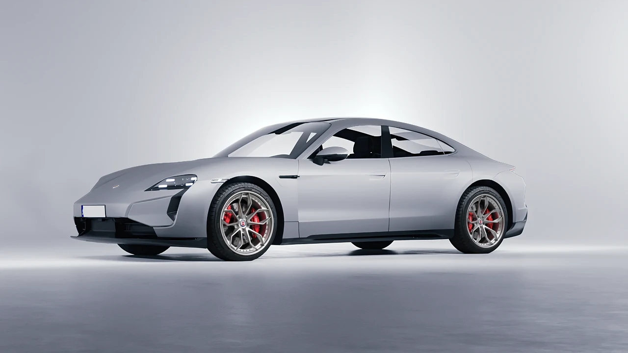 Porsche Taycan Turbo S 2024 on HRE Performance Wheels S201 forged wheels, front three-quarter view
