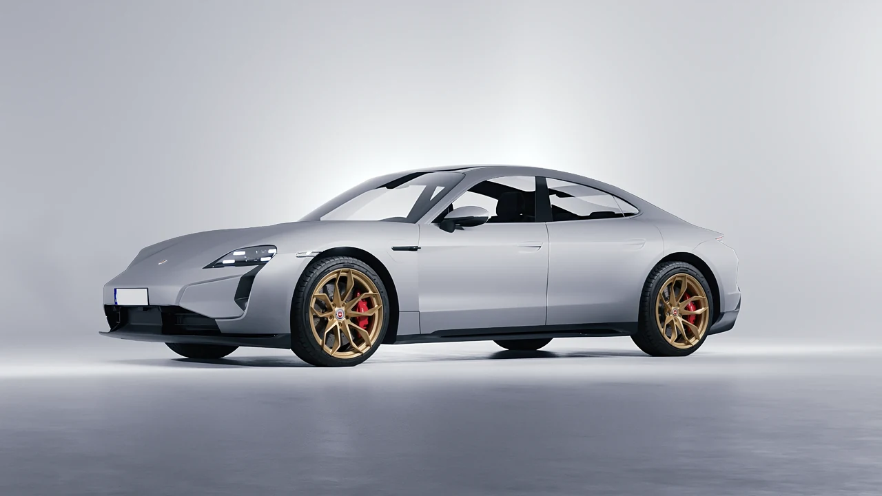 Porsche Taycan Turbo S 2024 on HRE Performance Wheels S201H forged wheels, front three-quarter view
