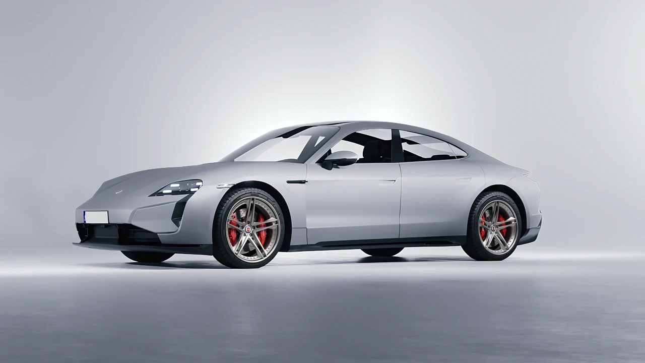 Porsche Taycan Turbo S 2024 on HRE Performance Wheels S207 forged wheels, front three-quarter view