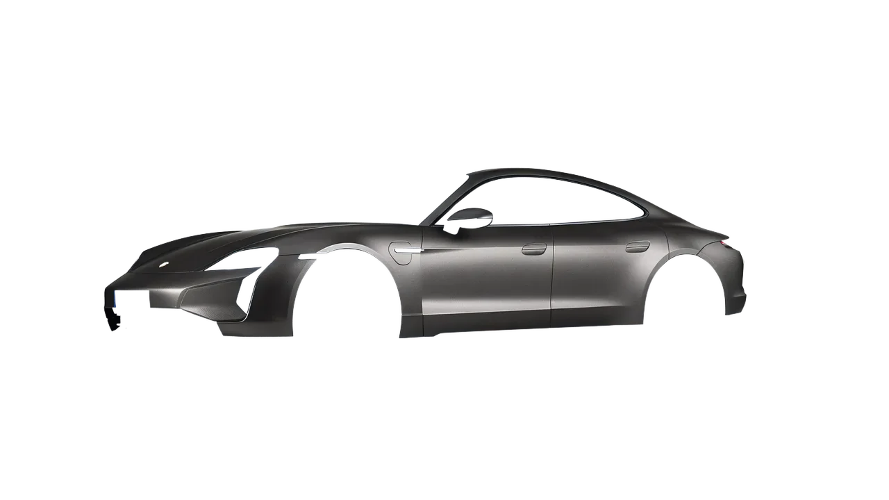 Porsche Taycan Turbo S 2024 wrapped in Black Rock Grey (Avery Dennison SW900-823-M), front three-quarter view
