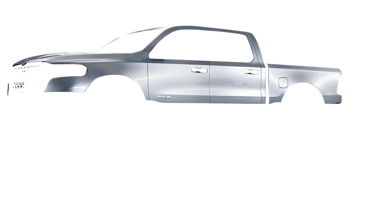 Ram 1500 2025 wrapped in Brushed Aluminum (Avery Dennison SW900-812-X), front three-quarter view