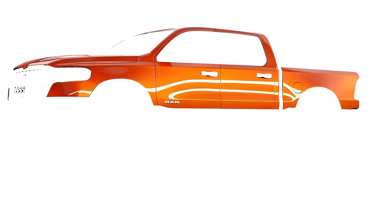 Ram 1500 2025 wrapped in Fiery Orange (3M G364), front three-quarter view