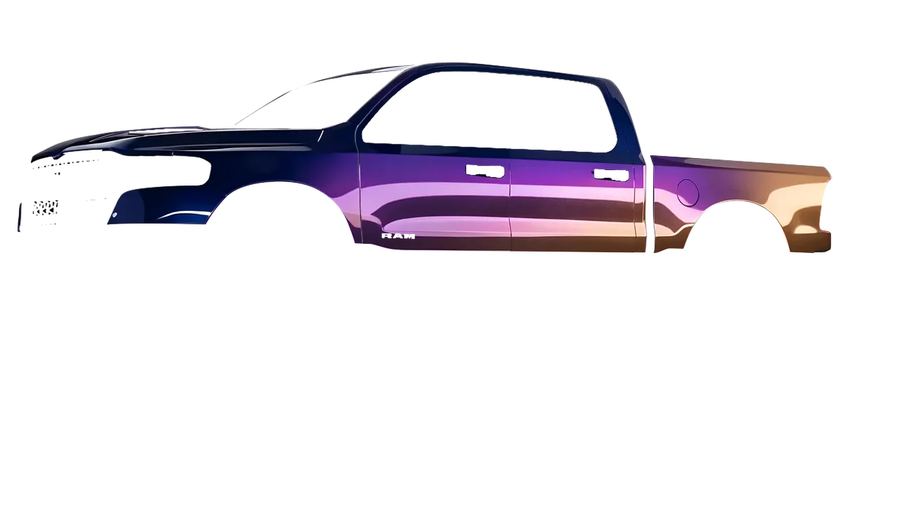Ram 1500 2025 wrapped in Gloss Flip Deep Space (3M GP278), front three-quarter view