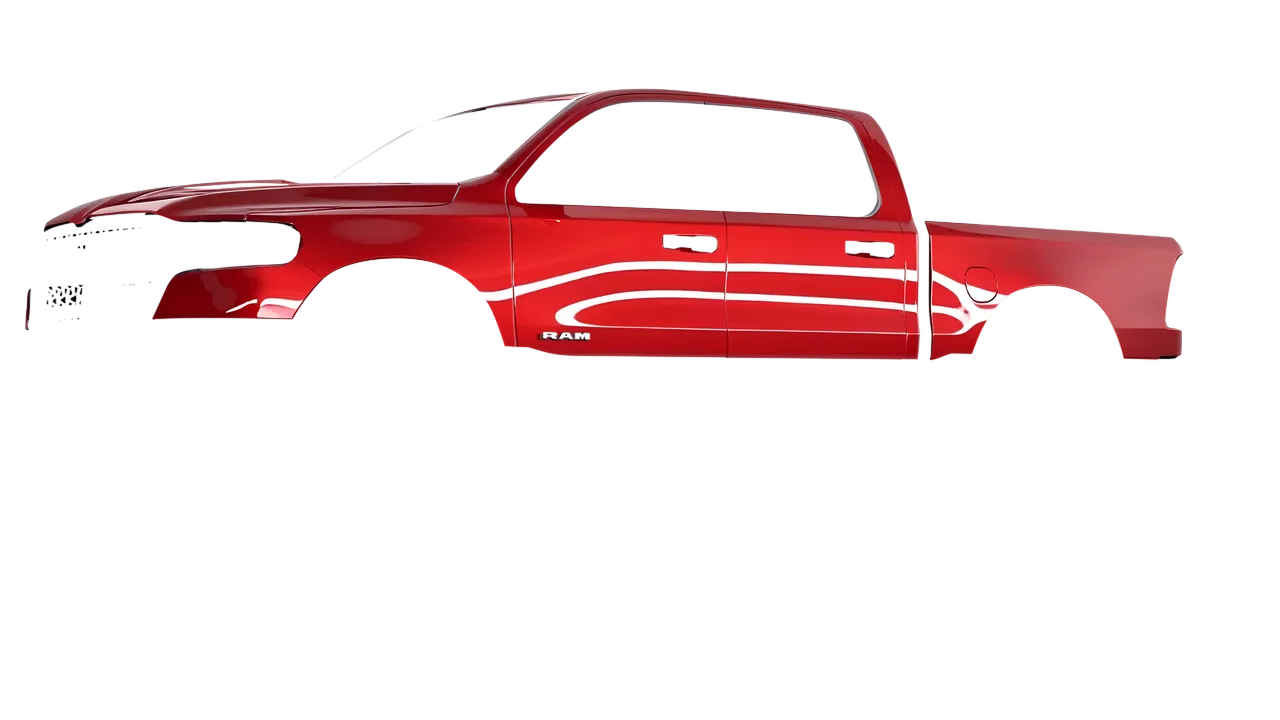 Ram 1500 2025 wrapped in Hot Rod Red (3M G13), front three-quarter view