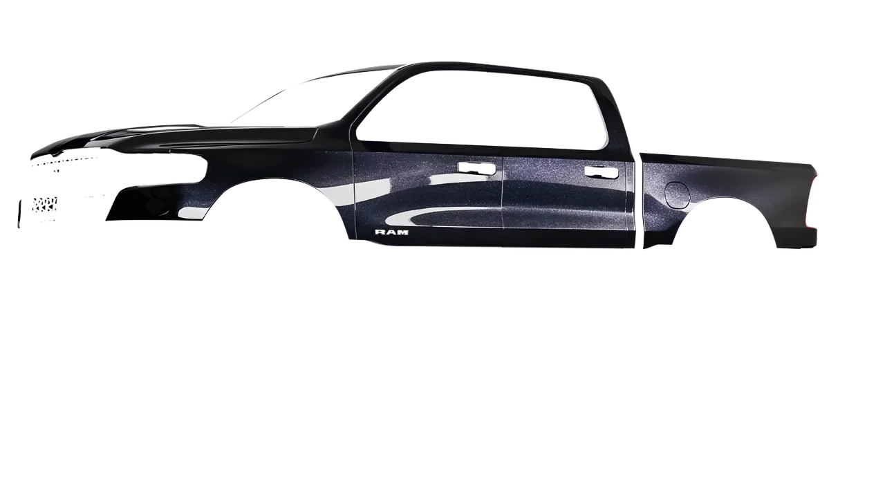 Ram 1500 2025 wrapped in Mystery Black (Avery Dennison SW900-184-M), front three-quarter view