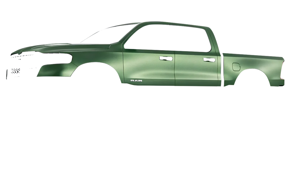 Ram 1500 2025 wrapped in Apple Green (Avery Dennison SW900-745-M), front three-quarter view