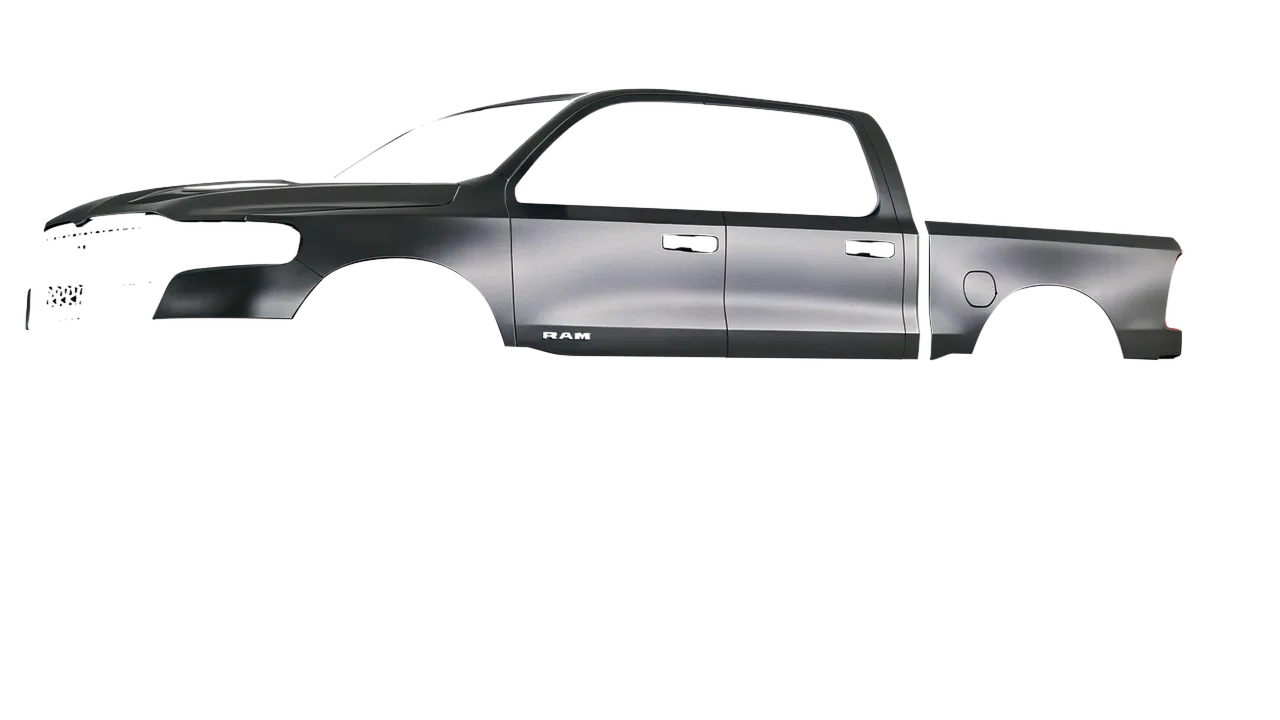 Ram 1500 2025 wrapped in Black Rock Grey (Avery Dennison SW900-823-M), front three-quarter view