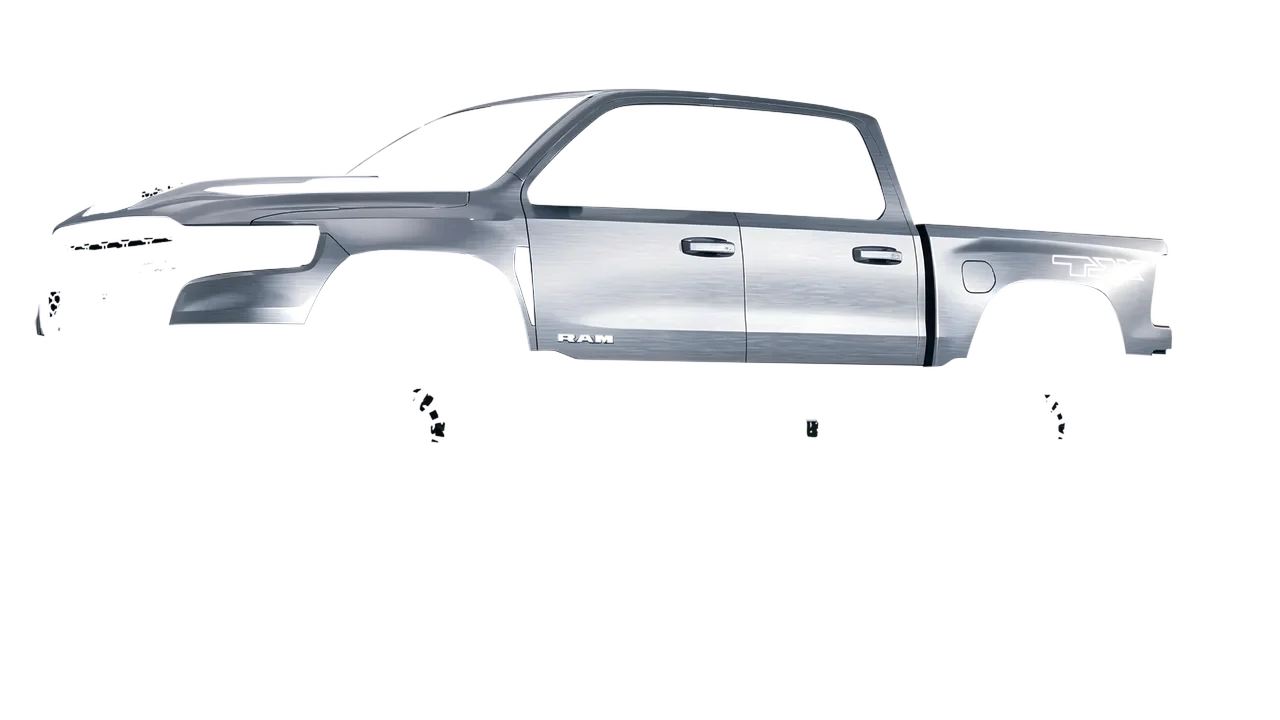 Ram 1500 SRT TRX 2027 wrapped in Brushed Aluminum (Avery Dennison SW900-812-X), front three-quarter view