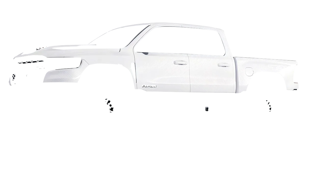 Ram 1500 SRT TRX 2027 wrapped in Carbon Fiber White (Avery Dennison SW900-115-X), front three-quarter view