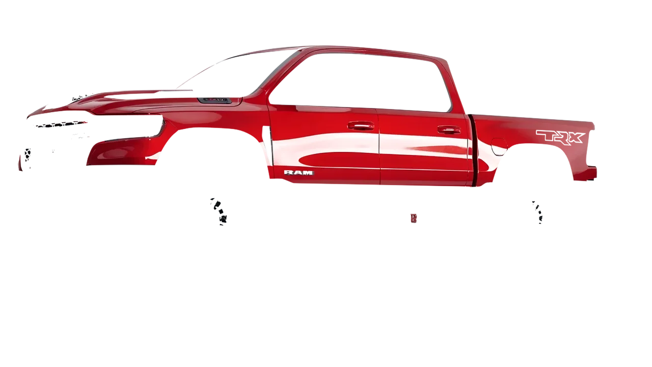Ram 1500 SRT TRX 2027 wrapped in Hot Rod Red (3M G13), front three-quarter view