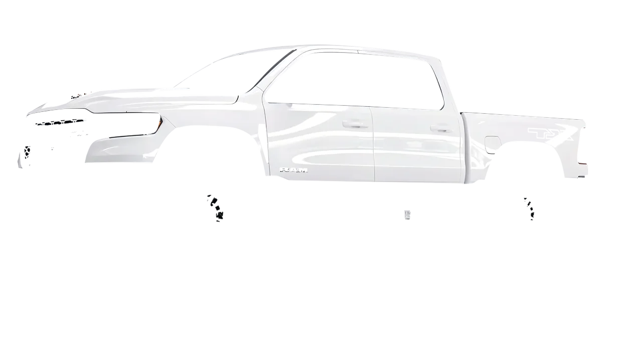 Ram 1500 SRT TRX 2027 wrapped in Gloss White (3M G10), front three-quarter view